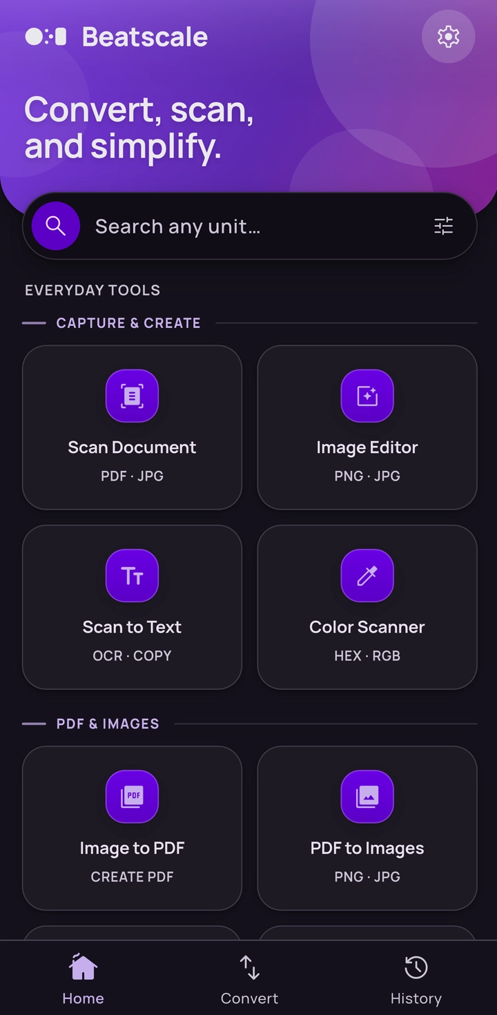 Beatscale home screen with document, image, colour, and PDF tools.